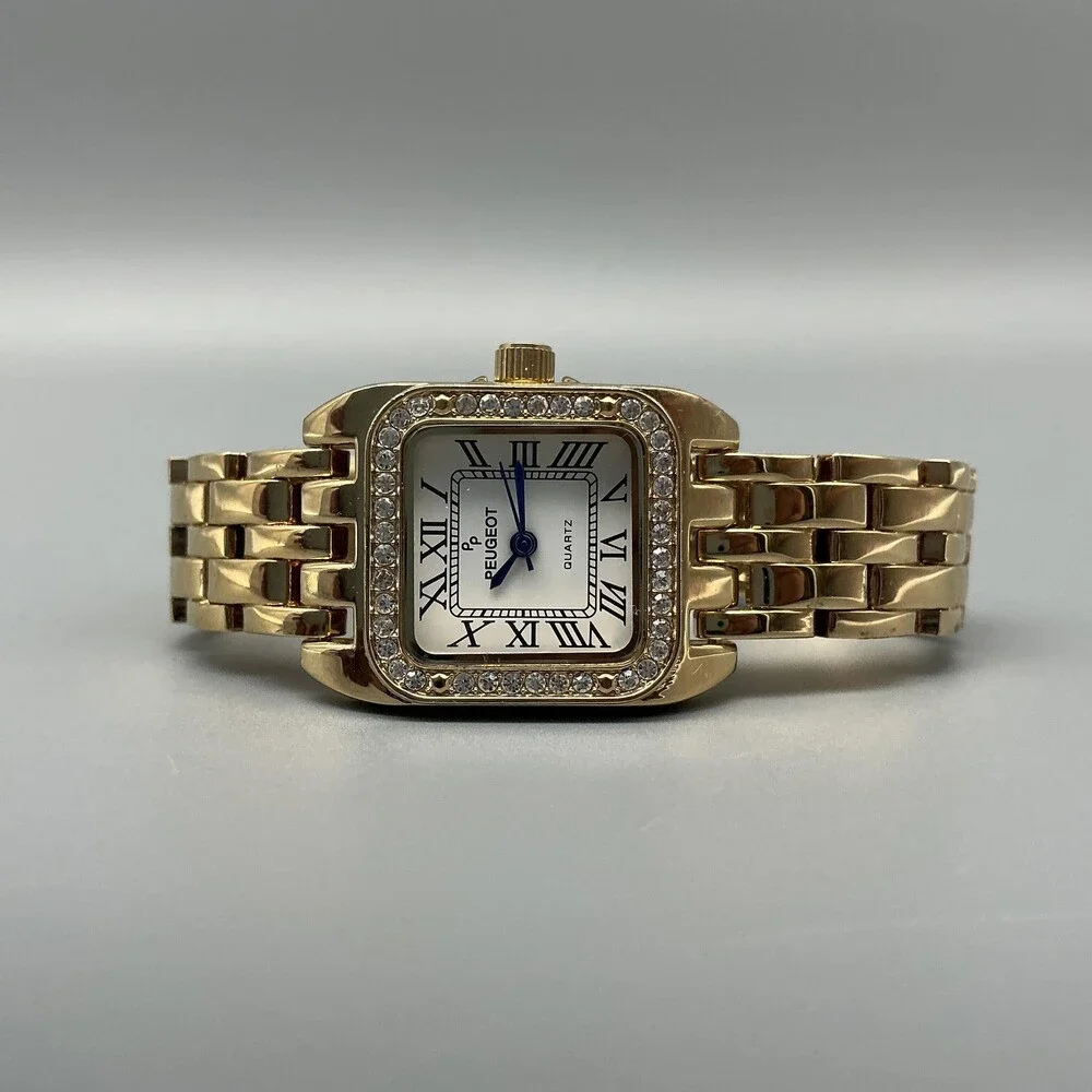 Peugeot Womens Watch 24mm White Dial Gold Tone Crystals Bracelet New Battery 6